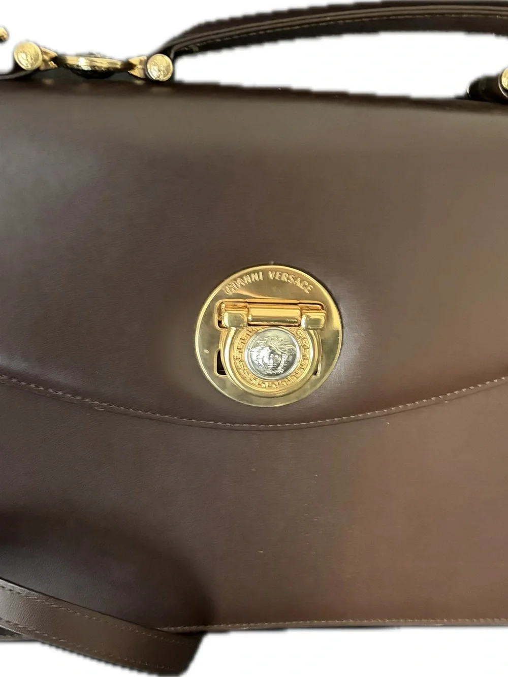 Gianni Versace Designer Brown Leather Top-Handle Shoulder Bag with Gold Hardware